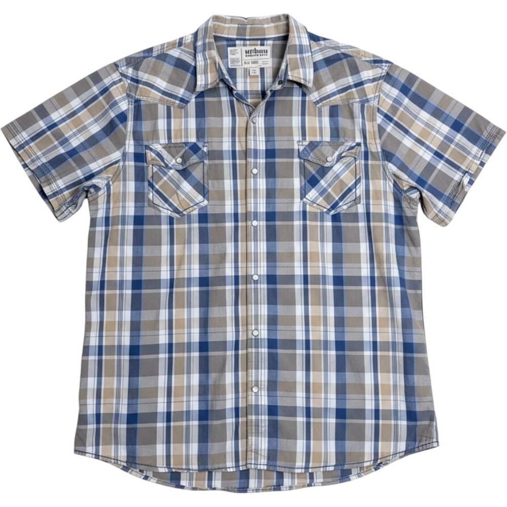 Urban Pipeline Men's Shirt XXL Tan Plaid Western Pearl Snap Cowboy 100% Cotton